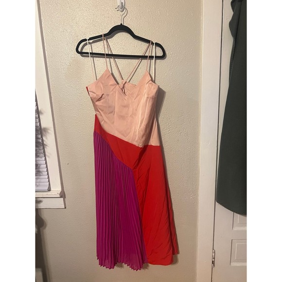 Cushnie For Target NWT Pleated Color Block Pink Satin Midi Dress Size 14 - Picture 2 of 6